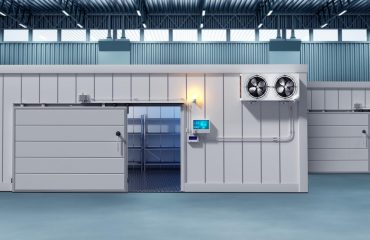 Cold room with rail gates. Industrial hangar. Cold room with air conditioning on wall. Cold room for storing frozen goods. Industrial freezer. Refrigerated container outside view. 3d rendering.